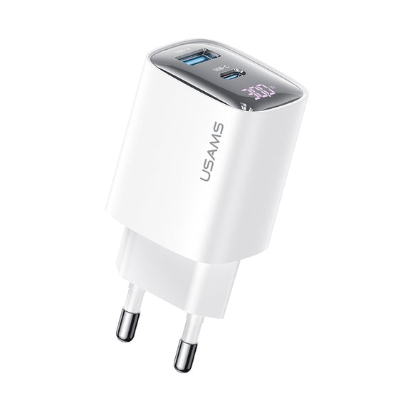 USAMS CC229 30W USB+USB-C / Type-C Dual Port GaN Digital Display Charger, Specifications: EU Plug(White)