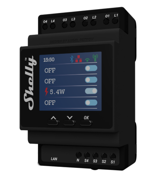 Shelly DIN Rail Pro 4PM Relay, max 40A, 1 Phase, 4 Channels, Measurement Function, Wi-Fi, LAN, Bluet