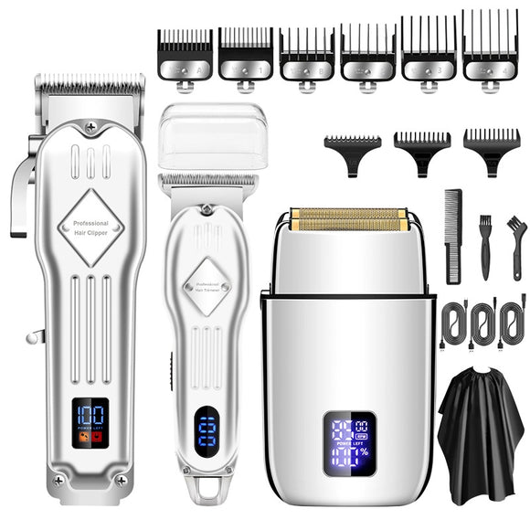 3pcs /Set Men Home Hair Salon High-power Hair Clipper(Silver)