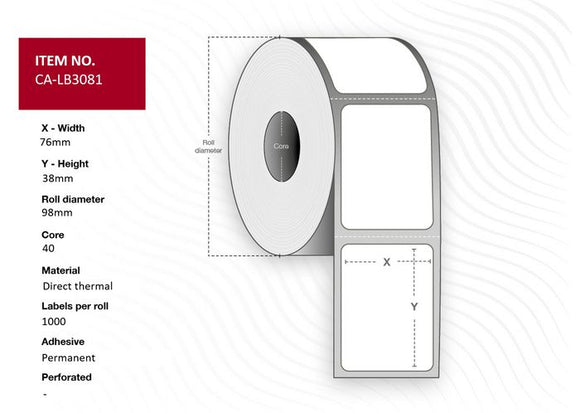 Capture Label 76 x 38 Core 40 Ø 98 mm. White. DT. Permanent. 1000 labels per roll