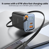 Yesido YC100 67W Fast Charger with Telescopic Type-C Cable, Plug:EU Plug(Black)