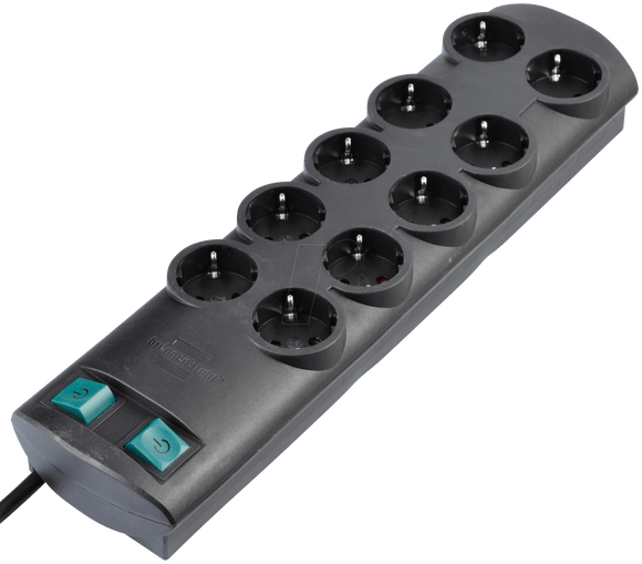 Brennenstuhl Stikdåse, Double row, each with 5 earthed sockets and 1 illuminated main switch