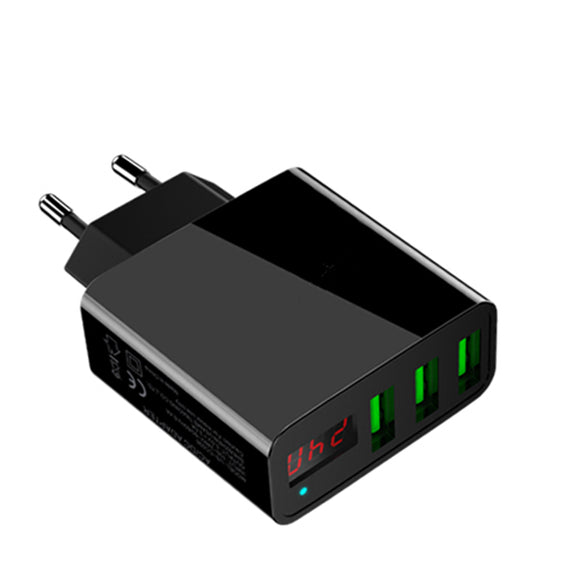 Bakeey 3A LED Display 3 Ports EU Plug Fast Travel Wall Charger [Color: Black]