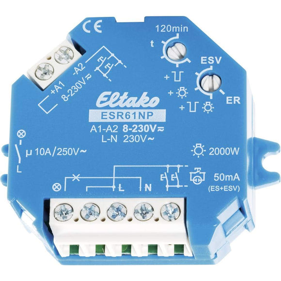 Eltako ESR61NP 8-230V UC, Elektronisk, 10A, 120 min, til indbygning i dåse. Styrespænding: 8-230V UC.