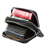 Genuine Cowhide Leather Dual Layer Solid Color Zipper Card Holder Wallet RFID Blocking