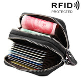 Genuine Cowhide Leather Dual Layer Solid Color Zipper Card Holder Wallet RFID Blocking