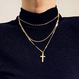 Women Handmade Multi Chains Cross Pendant Necklace(Gold)