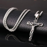 Men Vintage Stainless Steel Cross Jesus Pendant Necklace(Flower basket chain-Silver)