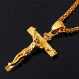 Men Vintage Stainless Steel Cross Jesus Pendant Necklace(Flower basket chain-Gold)