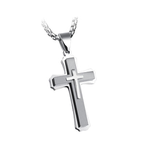 Three Layer Cross Necklace Titanium Steel Men Necklace, Color: Steel Color Pendant+3x55cm Pearl Chain