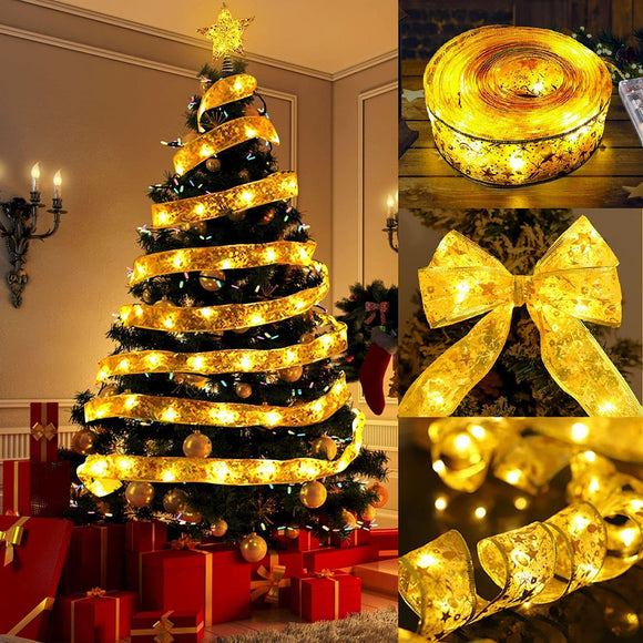 10m 100LEDs 8-function+Remote LED Christmas Tree Decoration Bronzing Ribbon Lights(Gold-Colorful)